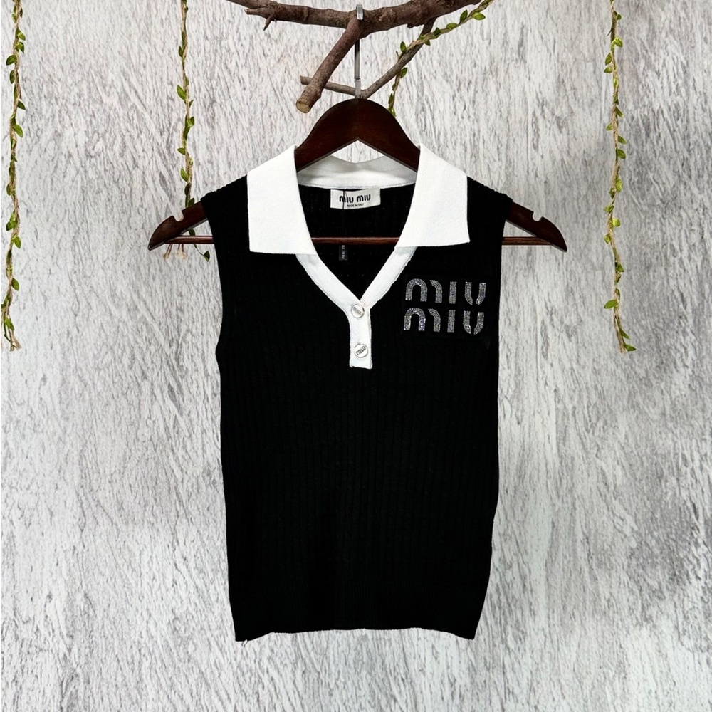 Miu Miu Black Knit Sleeveless Polo Tank with White Collar